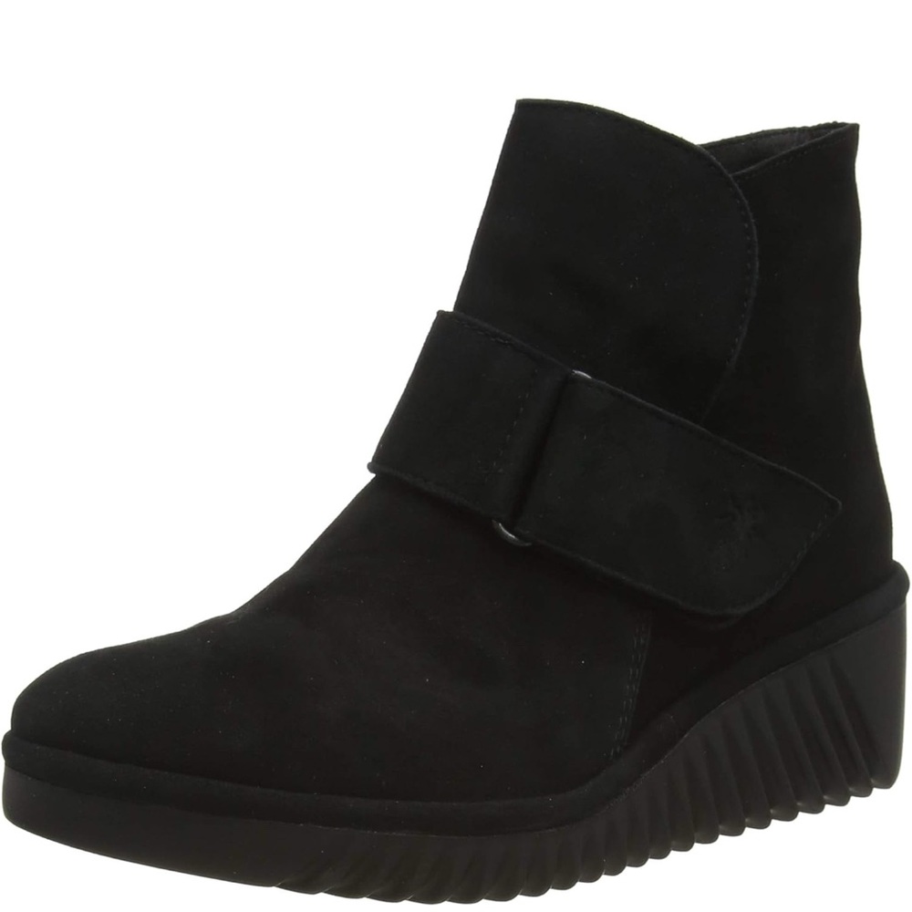 FLY London Womens Labe Black Suede Wedge Round Toe Ankle Boots Shoes NWT